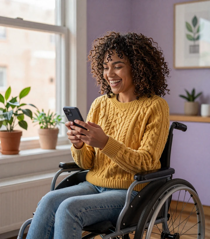 Maya, a wheelchair user from Brooklyn, smiling while chatting with a match on the LimitlessLove disability dating app